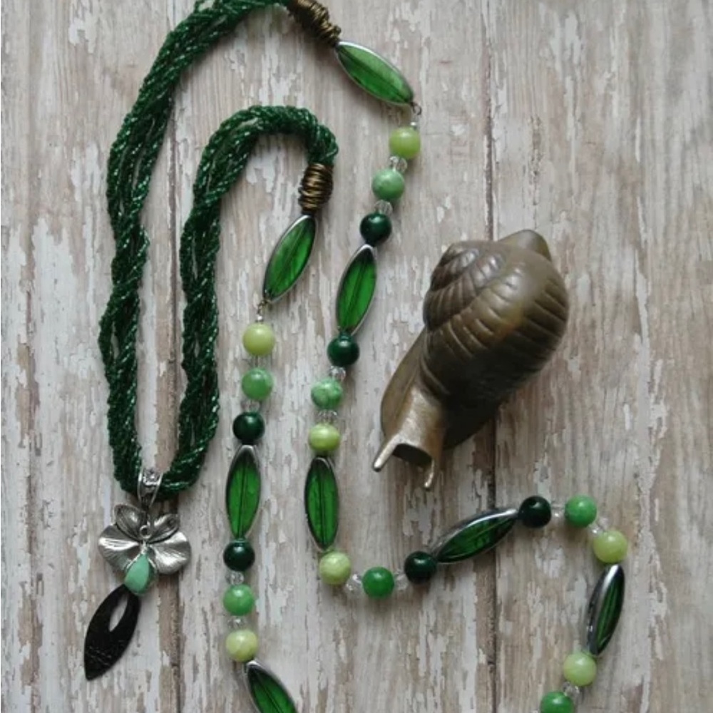 Vintage Art Nouveau Green Opal Enchanted Orchid Necklace Handmade Garden Lover
